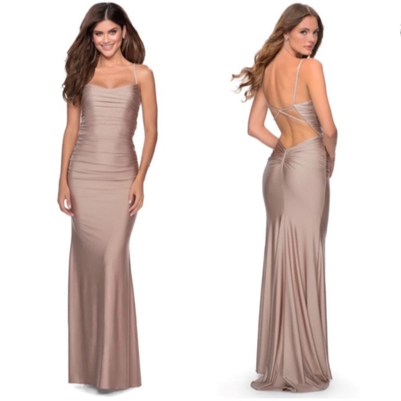 La Femme Strappy Back Ruched Trumpet Gown Maxi Dress